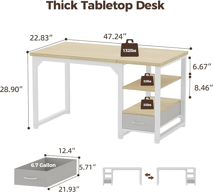 48 in Computer Desk with Drawer, 1" Thick Reversible Office Desk | Modern Writing Table with Storage Shelves, Heavy Duty Industrial Study Desk for Home Bedroom Work
