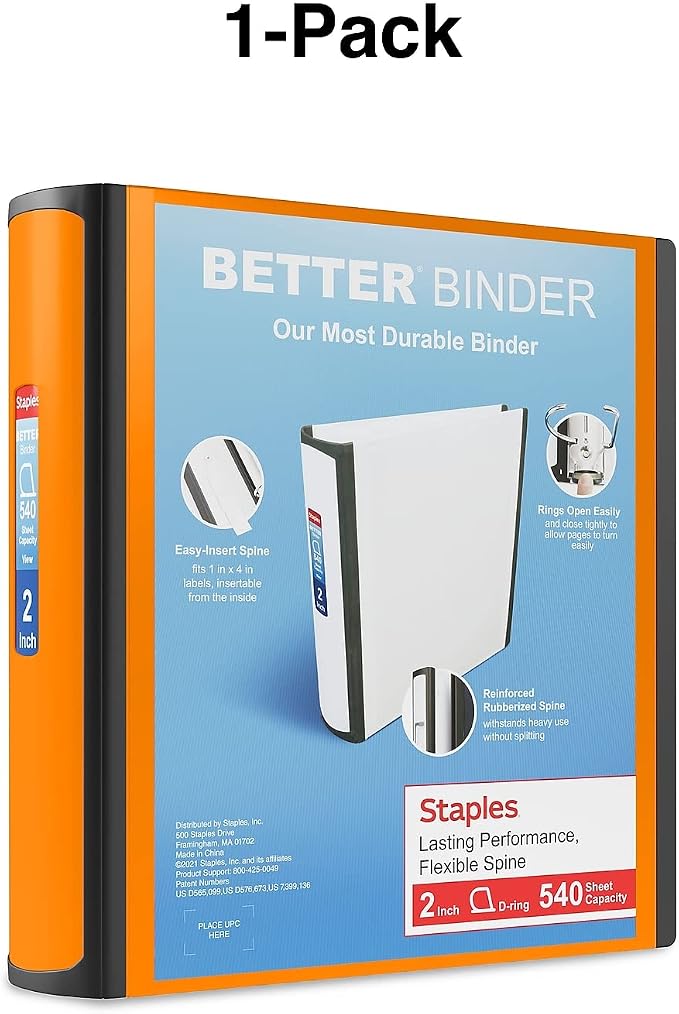 Staples Better Binder, 2 Inch D-Ring, Bright Orange, Reinforced Spine | High-capacity 3-ring binder for durable school and office document storage.