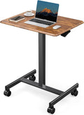DUMOS Mobile Small Standing Desk, Laptop Desk, Home Office | Portable Rolling Design, 2 Lockable Wheels, Adjustable Height Computer Workstation, 19 Inch, Brown