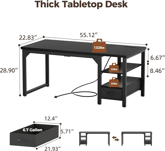 54" Computer Desk with Drawer, 1.2" Thick Reversible Office Desk | Modern Writing Table with Power Outlets & Storage Shelves, Heavy Duty Industrial Executive Desk for Home Bedroom Study Work