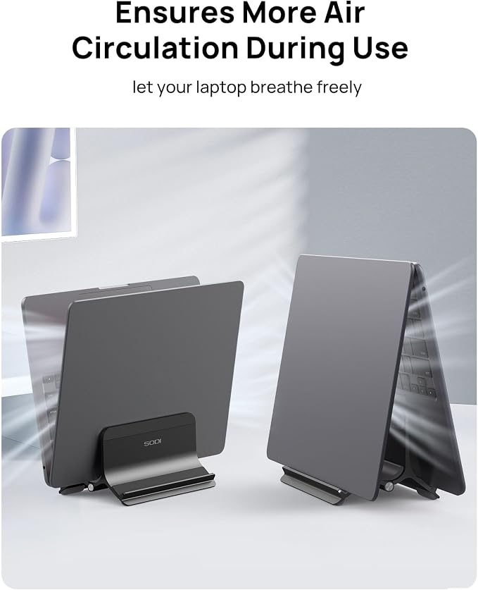 Vertical Laptop Stand Holder for Desk Compatible with MacBook Air, MacBook Pro Stand Vertical Aluminum Up to 17 inch, Gravity Auto-Lock Cooling, 3-in-1 Space Saving Desk Organizer Accessories