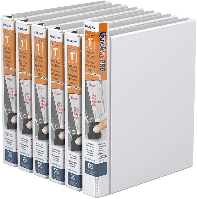 QuickFit PRO Heavy Duty Single Touch View Binder, D Ring, White, 6 Pack, 1 Inch
