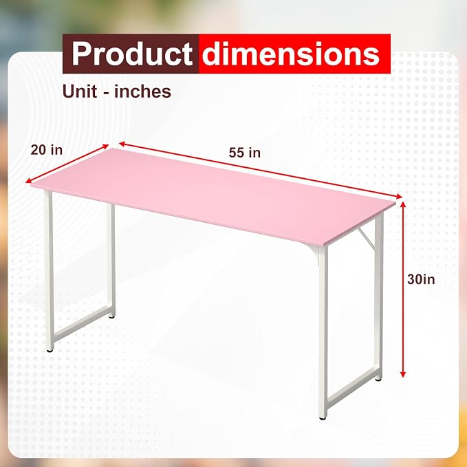 PayLessHere | 55 Inch Computer Desk | Pink | Office Desk with Metal Frame, Adjustable Feet | Water-Resistant, Scratchproof Surface | Sturdy Writing Table for Home Office or Study | Pack of 1
