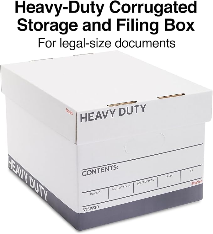 Staples Triple Wall Heavy Duty File Box, Lift-Off Lid, 12/Carton | White/gray boxes for letter or legal documents in bulk storage settings.