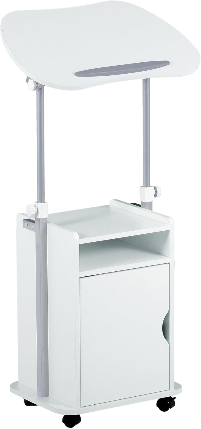 Techni Mobili Adjustable Laptop Cart w/Storage, Rolling Mobile Desk, White | Adjustable laptop cart with storage cabinet, shelf, locking wheels, sit‑stand height for home office, bedside, classroom