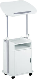 Techni Mobili Adjustable Laptop Cart w/Storage, Rolling Mobile Desk, White | Adjustable laptop cart with storage cabinet, shelf, locking wheels, sit‑stand height for home office, bedside, classroom