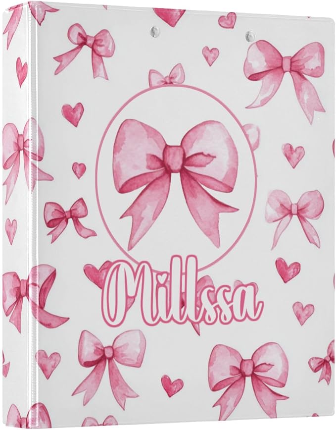 Watercolor Pink Bows 3 Ring Binder with Clipboard Round Ring Binders Hearts Personalized Binder 3 Interior Clear Pockets for Office Supplies 2 Pack