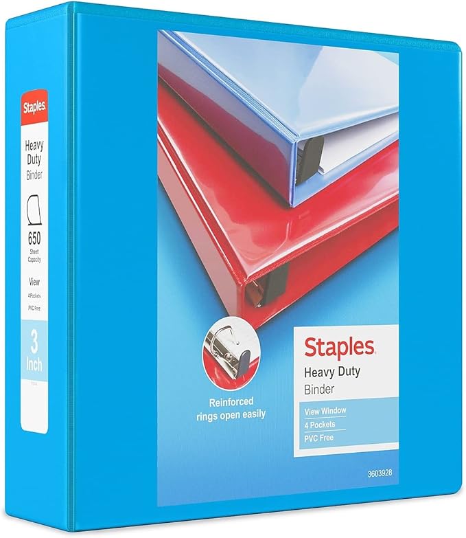 Staples Heavy-Duty 3-Inch D-Ring View Binder, Reinforced Spine, Holds Up to 600 Sheets, Light Blue, for Office & School