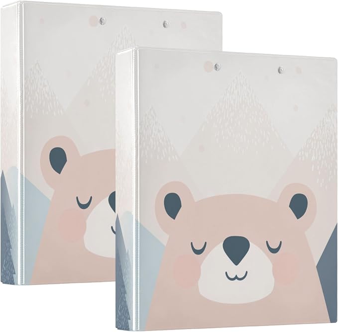 Cute Bear with Mountains Binder 1.5 Inch Binder with Clipboard&Pockets, Hardcover Binders 3 Ring, Heavy Duty Large File Folder for Office School Supplies - Holds 200 Sheets-2 Pack