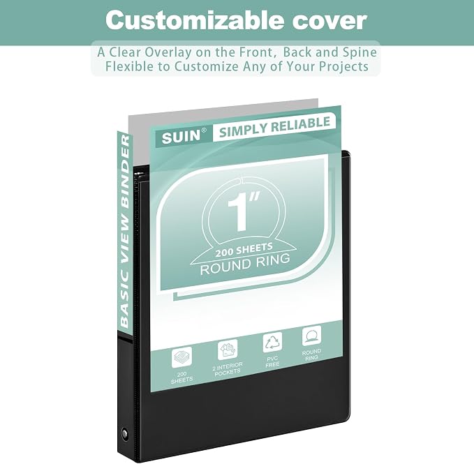 SUIN1-Inch 3-Ring-Binder, Customizable Clear View Cover, for US Letter Size 8-1/2 x 11'', Perfect for Office/School (Black - 12 Packs)