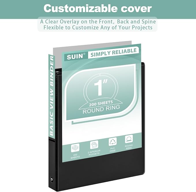SUIN Basic 1-Inch 3-Ring-Binder, Customizable Clear View Cover, for US Letter Size 8-1/2 x 11'', Perfect for Office/School (Black - 24 Packs)