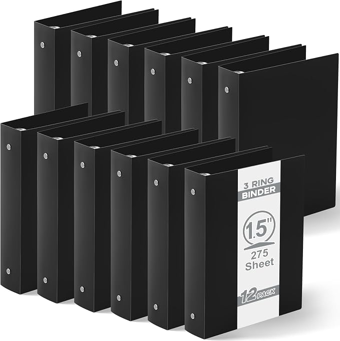 Henoyso 12 Pcs Plastic Mini 3 Ring Binders 1.5'' Binder, Fits 5.5" x 8.5" Paper Holds(capacity 280 Sheets), Flexible Three Round Rings Small Black Binders Bulk for School, Office Use, Photo Album Page