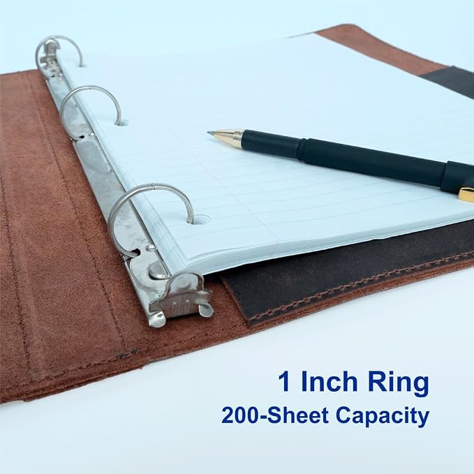 Fan&Ran Leather 3 Ring Binder, 1" Round Rings for 8.5"x11" Paper and Sheet Protectors, Interior Pockets & Snap Closure, Letter Size, Vintage Brown