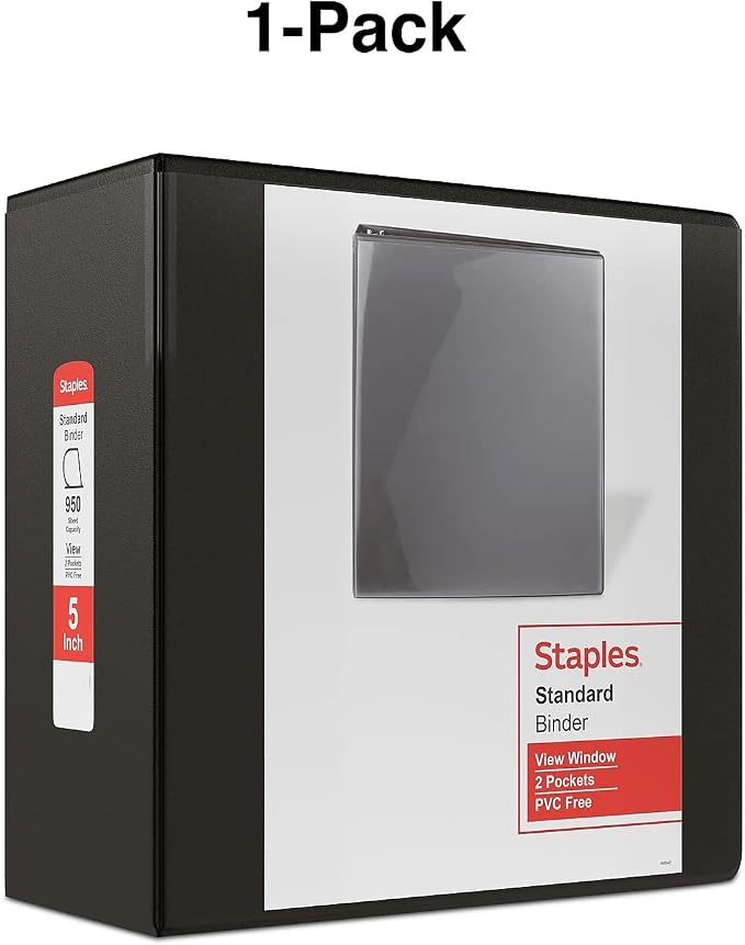 Staples 5" 3-Ring View Binder, D-Ring, Black (55441/26359)