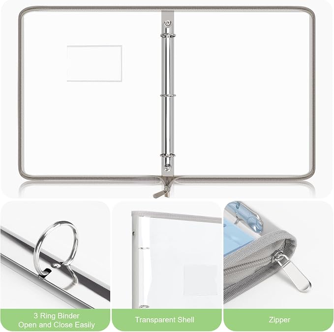Uquelic Document Organizer, Soft PVC 3 Ring Binder with 12 Pockets | Colorful Zipper Binder with Dividers Letter Size, Large Capacity Cute Folder for School, Office & Home Use (Grey)