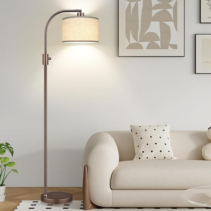 Nintiue Upgraded Modern Arc Dimmable Tall Standing Floor Lamp with Linen Shade, 1200 Lumens LED Bulb Included, for Living & Reading Room, Bedroom, Office & Nursery, Brown