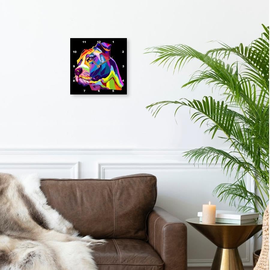3dRose Wall Clock Silent - 10 inch - Colorful Portrait of a Pitbull Dog Doggy Pet - Dog