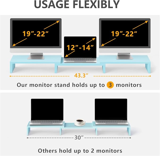 TAVR Dual Monitor Stand Riser, Wooden Computer Monitor Stand for 2 Monitors | Extra Long Multifunctional Desktop Organizer Riser for TV, PC Monitor, Laptop, Printer, Max 43.3" Length, Blue