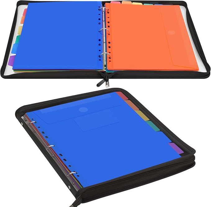 Uquelic Document Organizer, Soft PVC 3 Ring Binder with 12 Pockets | Colorful Zipper Binder with Dividers Letter Size, Large Capacity Cute Folder for School, Office & Home Use (Black)