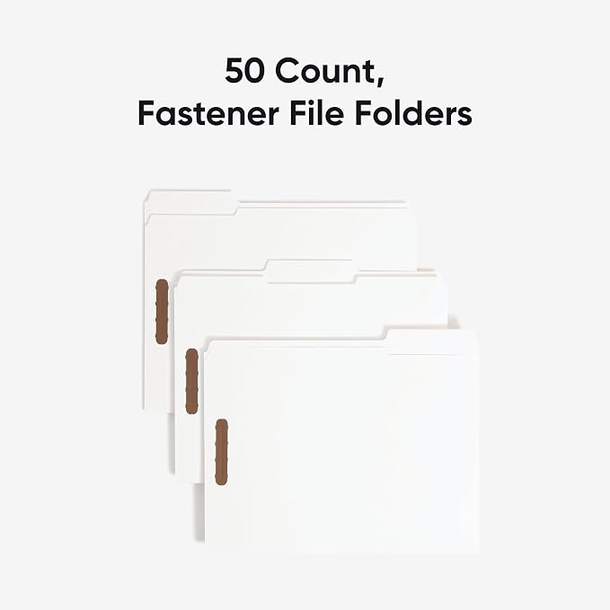 Smead Fastener File Folders, Reinforced 1/3-Cut Tabs, 2 Fasteners, Letter Size, White, 50 per Box (12840)