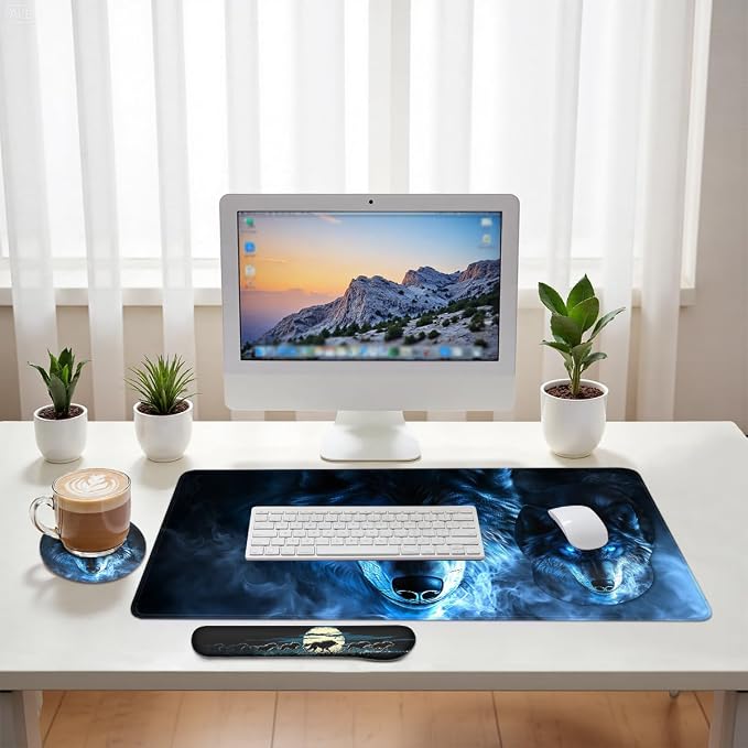 Blue Wolf Mouse Pad Set Glowing Eyes Fantasy Animal Smoke Art Gaming Mousepad 4in1 Desk Mat for Desktop Wrist Support Cup Coaster Set Ergonomic Computer Desk Arm Wrist for Decor Home Office