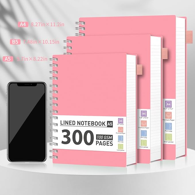 AHGXG Spiral Notebook - A5 Notebook College Ruled, Small 5.7" X 8.22", 300 Pages/150 Sheets Thick Notebook Journal, 100GSM Lined Paper, Plastic Hardcover, for Work Office School Writing Notes, Pink