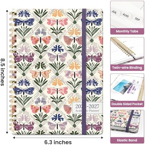 Planner 2026-2027, Jul 2026-Jun 2027 Academic Monthly & Weekly Planner | 6.3" x 8.5" Hardcover Pretty Calendar Planner for Women, Spiral Organizer for School Office Home, Butterfly Patchwork
