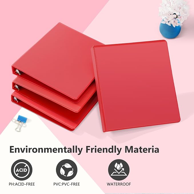 ViVin Sturdy 1 Inch D Ring Binders with 2 Pockets, 6 Pack, Red | 3 Ring Binders with Clear View Cover, Hold 225 Sheets of US Letter Size Paper, PVC-Free for Office, Home, School