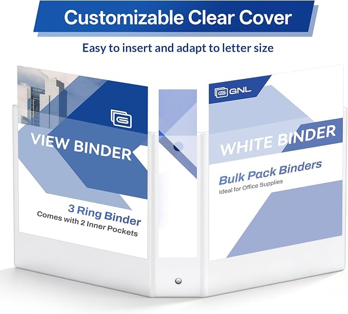 GNL 2 Inch 3 Ring Binders Economy 8 Packs White, 2" Three Ring (Fits 450 Sheets of 8.5x11 Paper) Clear View PVC-Free & Non-Stick for School or Office Supplies
