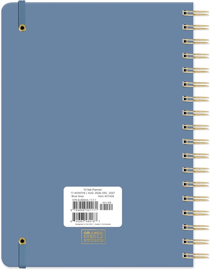 Orange Circle Studio 2027 Planner, Blue Gray Tri-Tab Weekly & Monthly Planner, 9.6" x 7", Spiral Bound Organizer with Note Pages, Pocket Dividers & Elastic Closure Design for Home Office Planning Uses