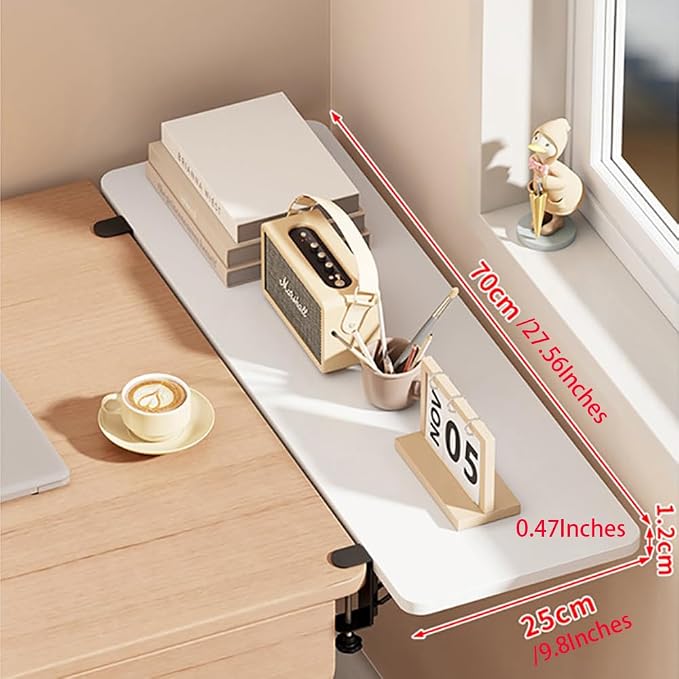 Desk Extender Tray, Punch-Free Clamp on 90° Foldable Keyboard Drawer Tray, Table Mount Armrest Shelf, Computer Elbow Arm Support (White, 27.6"*9.8"*0.5"/70cm*25cm*1.2cm)