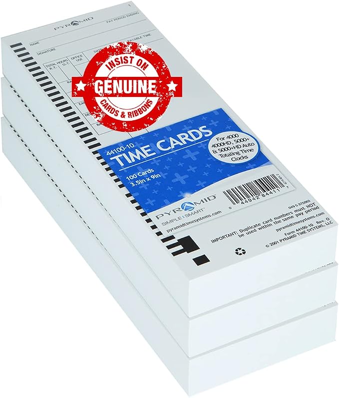 Pyramid Time System - Authentic Time Cards [44100-10PK3] White - 300 Cards | For Pyramid 4000, 4000ProK, 4000HD, 5000 & 5000HD Series, Time Sheets for Auto Totaling Time Clocks (3.5 x 9 In), 300 Cards
