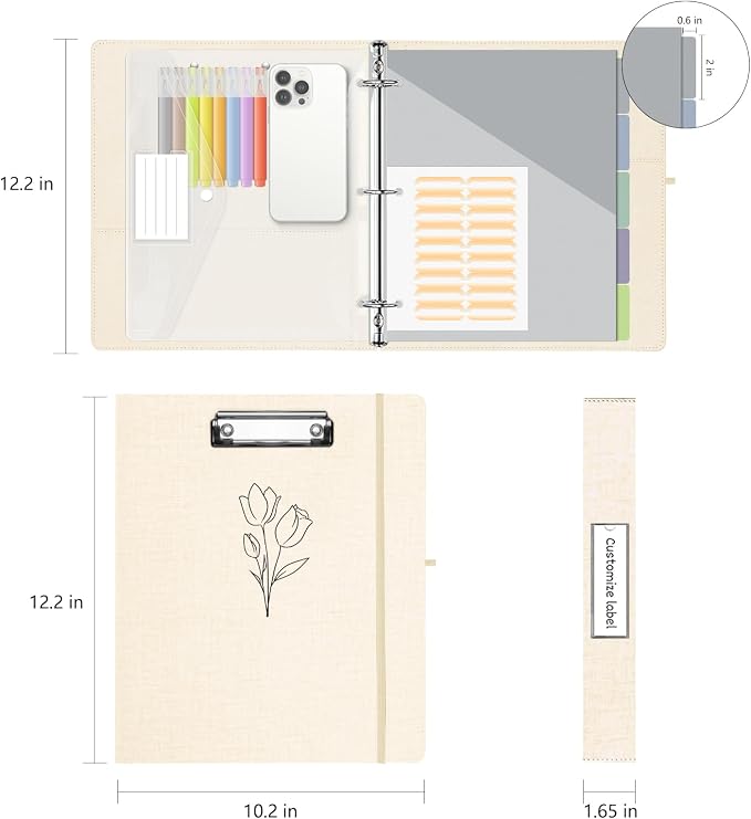 1 Inch 3 Ring Linen Binder Organizer, BVSSX Three Ring Binders with Clipboard, Plastic Folder, 5-Tabs Pocket Dividers with Sticker Labels, Pen Loop, Elastic Strap (Beige, Letter Size)