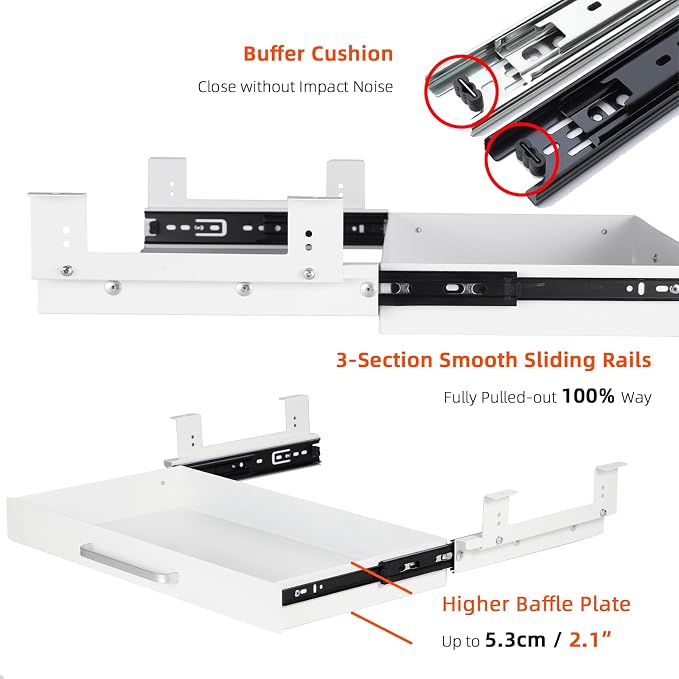 Under Desk Drawer Organizer 21", Large Desk Pencil Storage Drawer | White, Under Cabinet Table, Heavy Duty Pull Out Shelf, Attachable for Workbench, Adjustable Brackets, Work Shop, Desk Lip