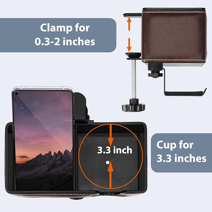 Under Desk Cup Holder Clamp on Cup Holder PU Leather Clip on Desk Organizer | Desk organizer with pencil holder clamp on side, under desk hanging organizer, clip on cup holder desk phone stand holder PU