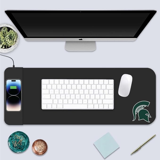 Michigan State University Classic Wireless Charging Cloth Desk Mat, Durable Office Supplies, Non-Slip Base, Quick Charging Wireless Desk Pad, Black