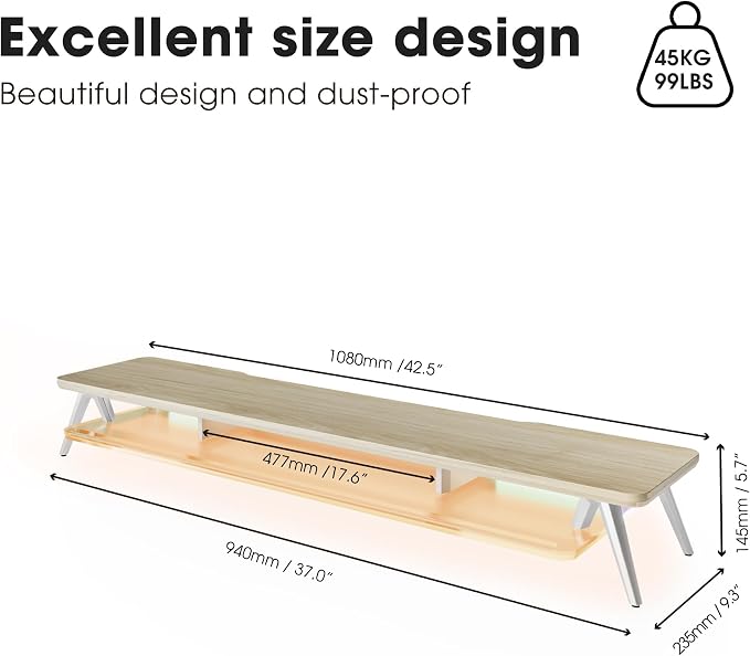Fenge Dual Monitor Stand Riser with Phone & Tablet Slot, Oak | Thickened Frosted Acrylic Shelf, Aluminum Legs, 2-Tier Storage, 42.5-Inch Desk Shelf for Gaming, Home Office & Streaming
