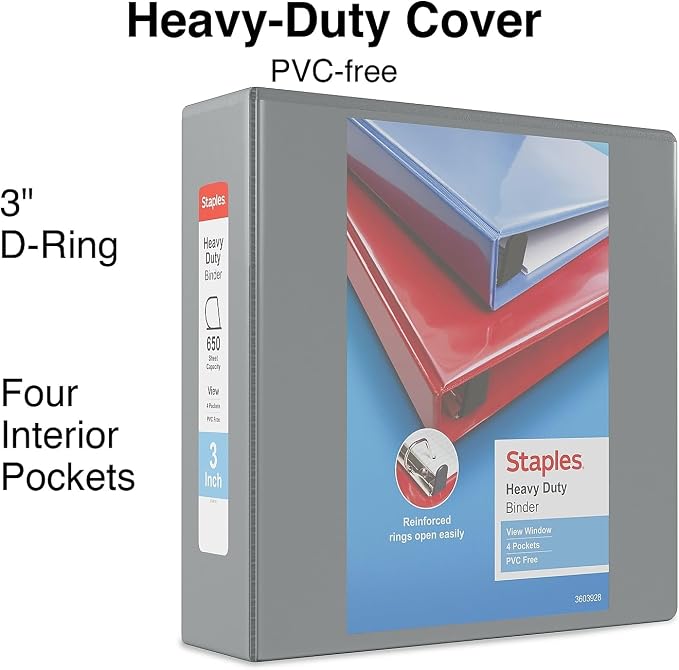 Staples Heavy-Duty 3-Inch D-Ring View Binder, Reinforced Spine, Holds Up to 600 Sheets, Gray, for Office & School