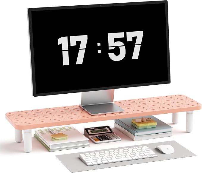 AFOOYO 31.5 Inch Adjustable Monitor Stand Riser, Dual Monitor Stand for Desk, 3 Height Adjustable Computer Stand with Storage, Sturdy Laptop Riser for PC, Laptop, Printer, TV, Pink