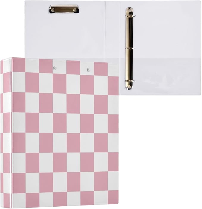 ALAZA 3 Ring Binder Pink White Checkered Clipboard Round Ring Binder Holds 1.5 Inch Three Binders Heavy Duty Binders for Office Supplies, 1Pack