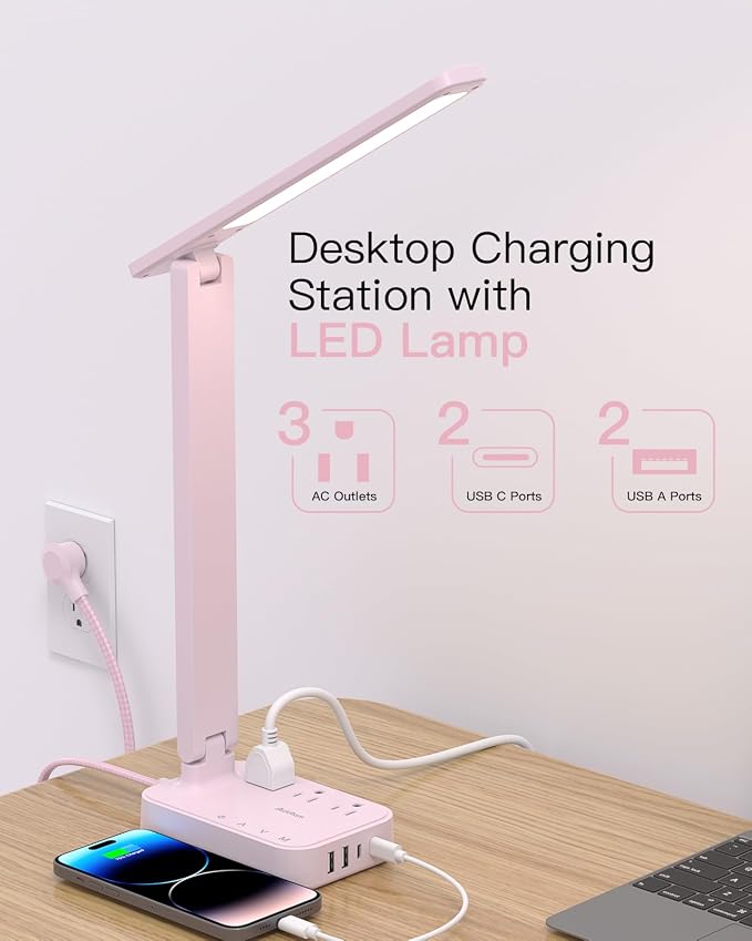 Addtam LED Desk Lamp, Power Strip with 3 Outlets 4 USB Charging Ports(2 USBC), 4 Modes 5 Level Brightness Touch Lamp, Small Desk Lamp for Home Office College Dorm Room Essentials, Pink
