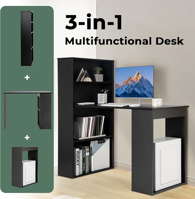 GRAFFY Computer Desk with 6 Storage Shelves - 48" Reversible Writing Desk Workstation with Bookshelf and CPU Stand, Modern Compact Office Desk for Bedroom, Study, Home, Office (Black) | Reversible Writing Desk with 6 Storage Shelves, Modern Compact Off...