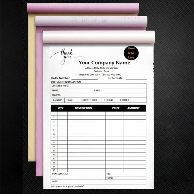 Personalized Invoice Book Custom 2 Part/3 Part Receipt Book Quote Estimate Order Forms Carbonless Form with Your Company Name Logo Address,2-10 Books (Style 11)