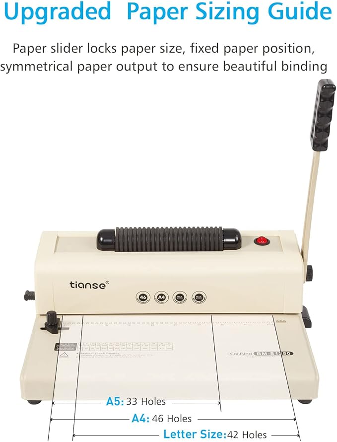 TIANSE Binding Machine - Electric Coil Inserter for Professional Binding, 12-Sheet Punch, for Letter/A4/A5 & Plastic/Metal Coils, with 100 Coil Spines & Pliers for Home, Office, School, DIY