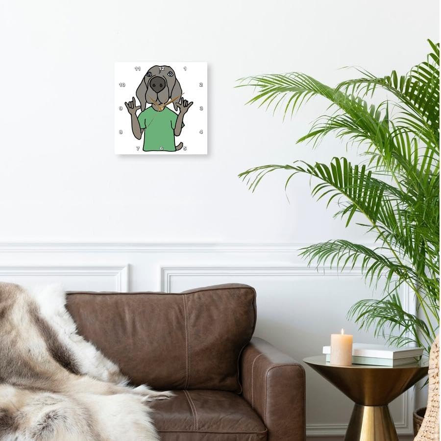 3dRose Wall Clock Silent - 10 inch - Funny Cute Weimaraner Dog Signing I Love You Sign Language Cartoon - Animals