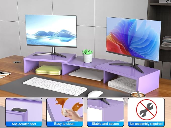 Dual Monitor Stand Riser | Monitor Stand for Desk, Metal Computer Stand, Desk Shelf Riser,Desktop Organizer for Home and Office Use (Purple)