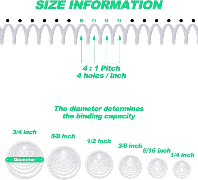 Leinuosen 120 Pack Binder Coils,1/4 5/16 3/8 1/2 5/8 3/4 Inch,White | Plastic Spiral Binding Coils for Documents, Reports, Notebooks, Compatible with Standard Binding Machines, Office Supplies