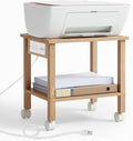 YUFAM 2 Tier Under Desk Printer Stand with Charging Station, Natural | Wooden Small Printer Table for Home Office, Rolling Printer Cart Shelf with Lockable Wheels
