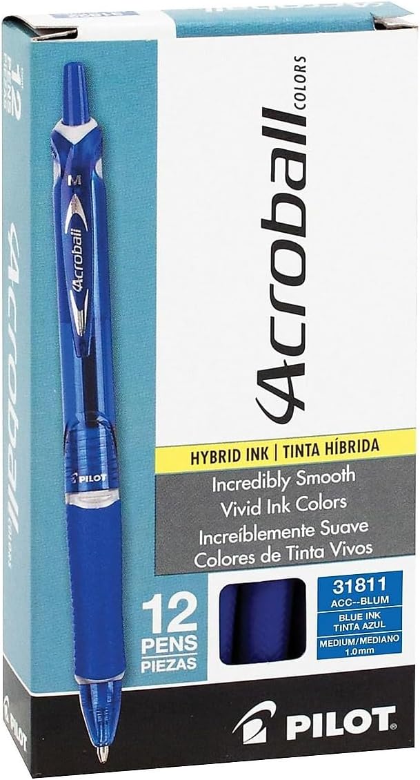 PILOT Acroball Colors Advanced Ink Pens, Blue Ink, 1.0mm, 12-Count