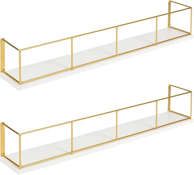 Kate and Laurel Benbrook 24 inch 2-Pack Wood and Metal Floating Wall Shelves, White and Gold